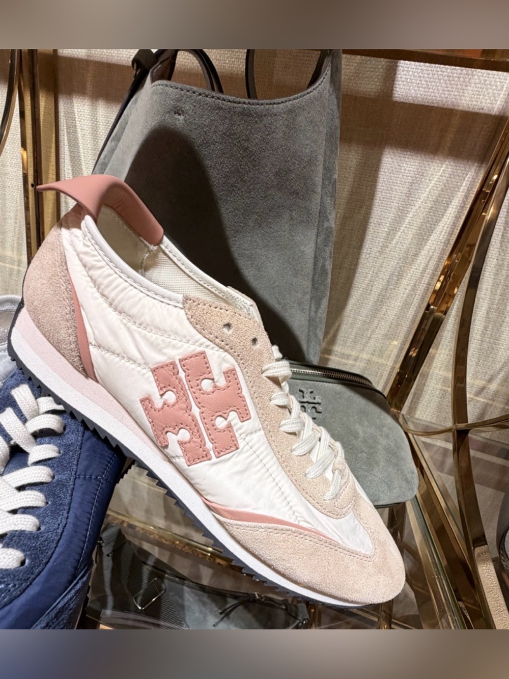 Tory Burch pink cream Suede Runner Sneaker logo new with tag